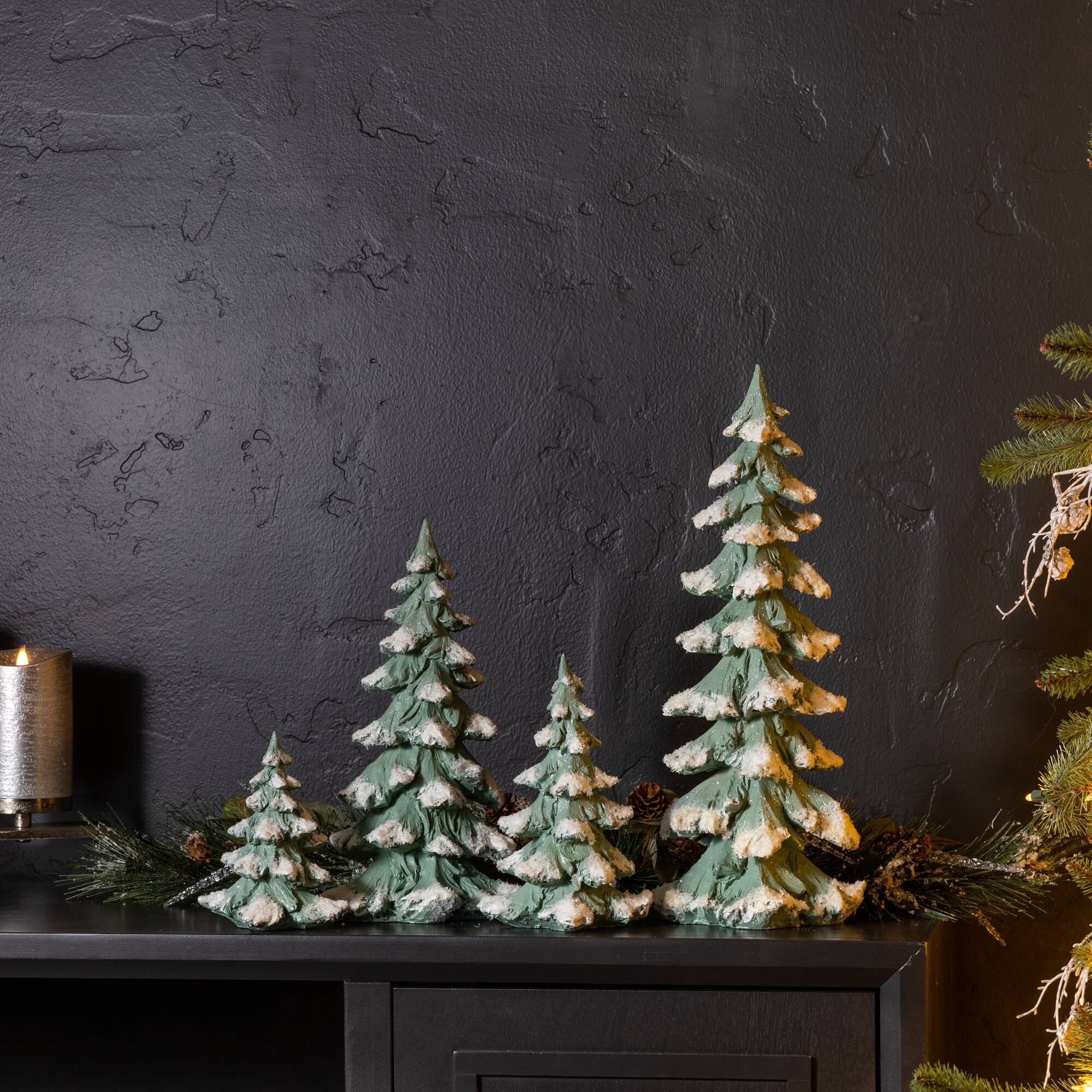 Flocked Seafoam Pine Tree with Carved Design Set